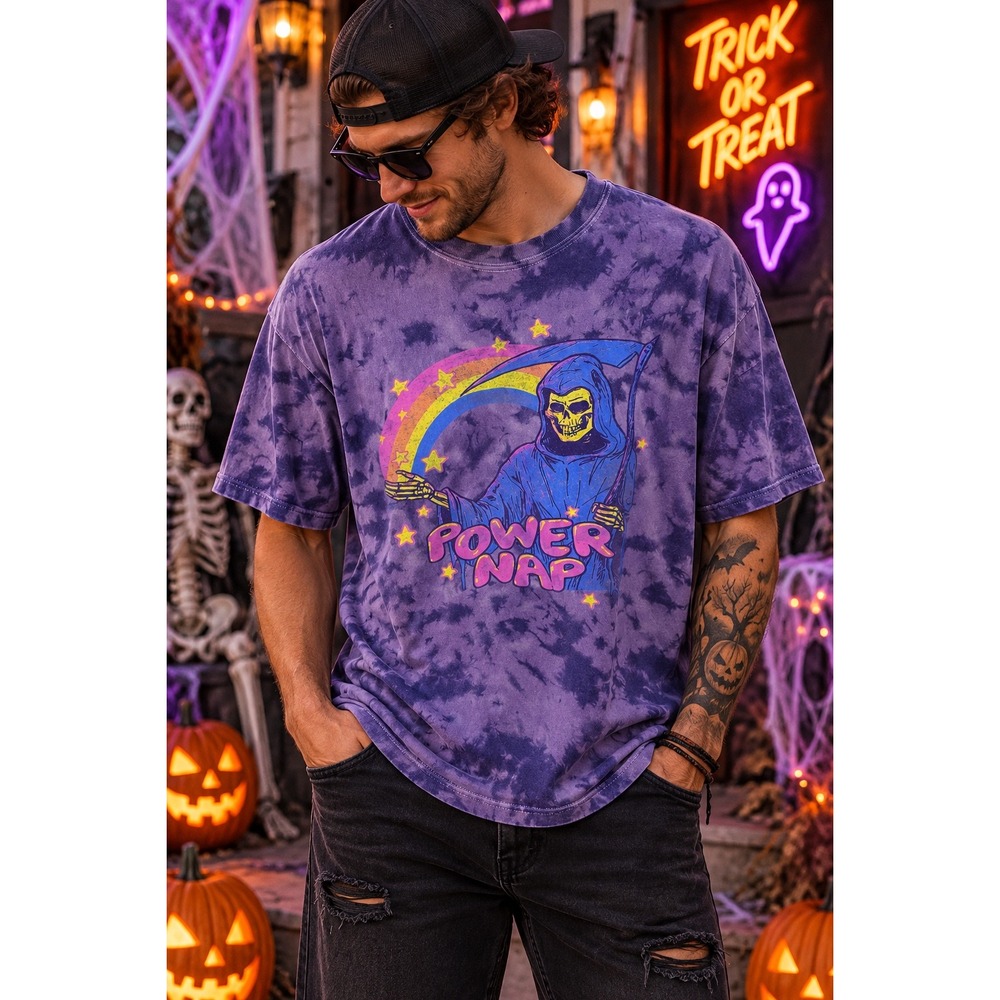 Mens Purple Tie Dye Power Nap Grim Reaper Rainbow Graphic T-Shirt XL